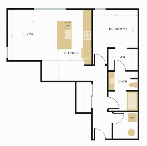 Floor plan for 1 bed, 1 bath, 870 sqft